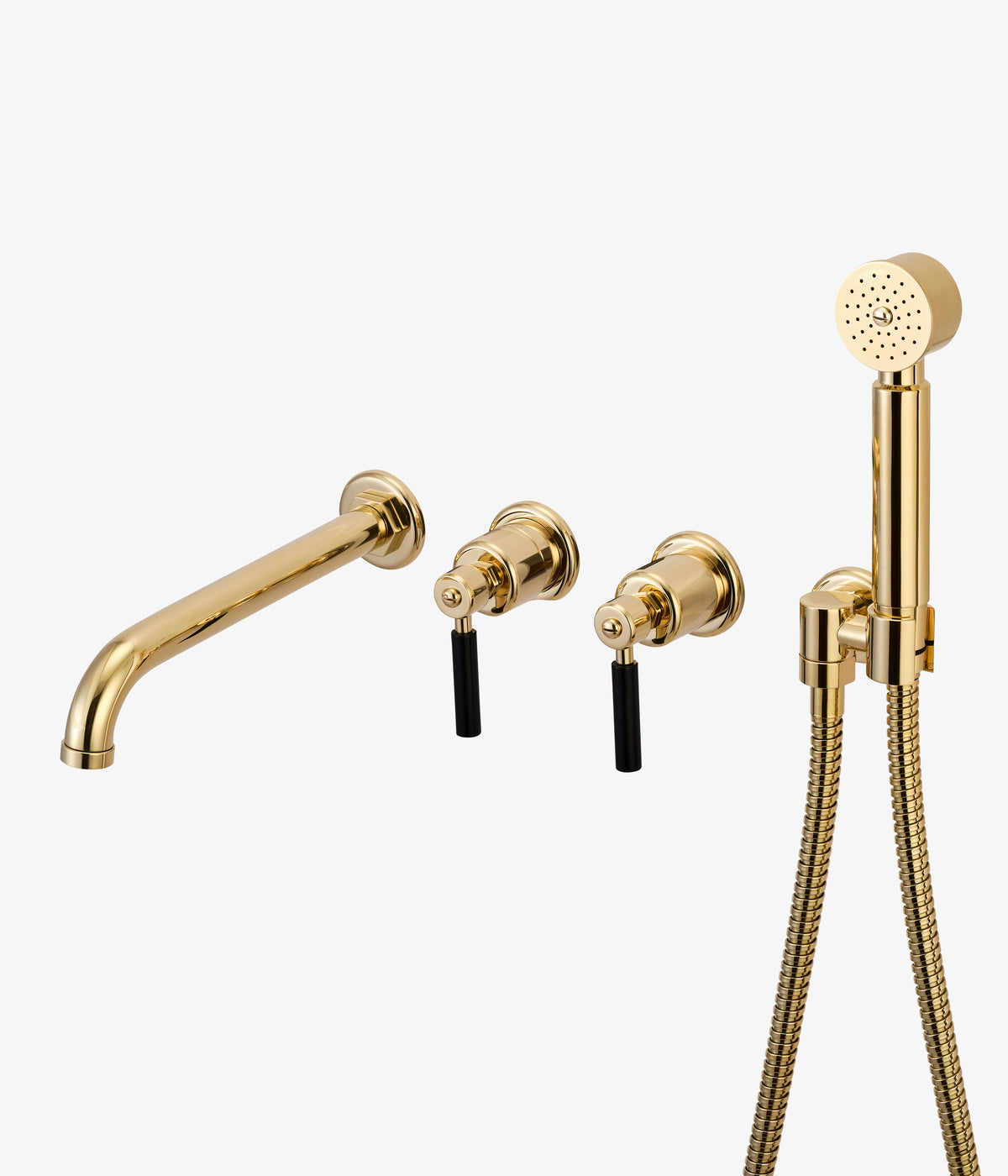 Kappa wall-mounted mixer tub filler with black levers, 2-way diverter and hand shower in polished brass